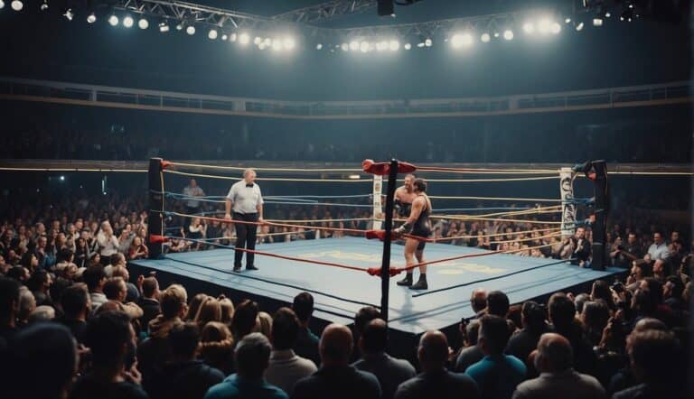 A beginner's wrestling ring with ropes and corner posts, surrounded by cheering spectators