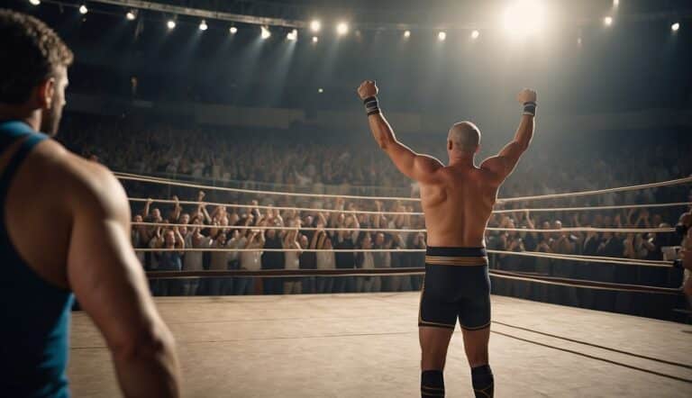 A wrestling match in an ancient arena, with cheering spectators and a victorious wrestler raising their arms in triumph