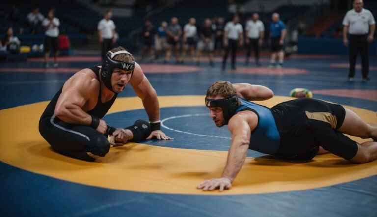 Wrestling training plans: athletes on mats, practicing takedowns and holds, coach overseeing. Mats marked with rings and equipment in the background