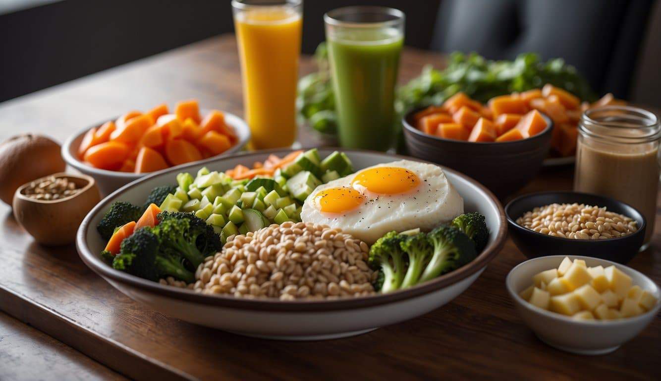 A table with balanced meals: lean protein, complex carbs, and vegetables. Water and sports drinks on the side. A wrestler's meal plan