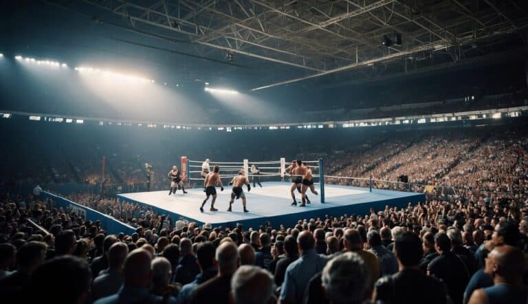 A crowded arena with athletes competing in various wrestling matches, surrounded by cheering spectators and officials overseeing the competitions