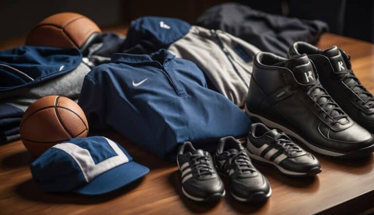 A table with sports equipment and clothing neatly arranged