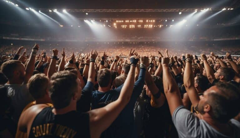 People gathered in a wrestling arena in Germany, surrounded by cheering fans and bright lights