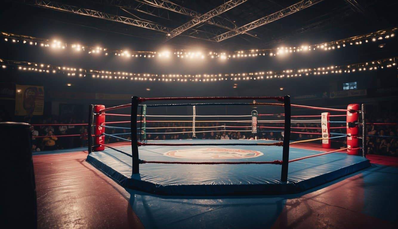 A wrestling ring with various weight class signs displayed around the perimeter