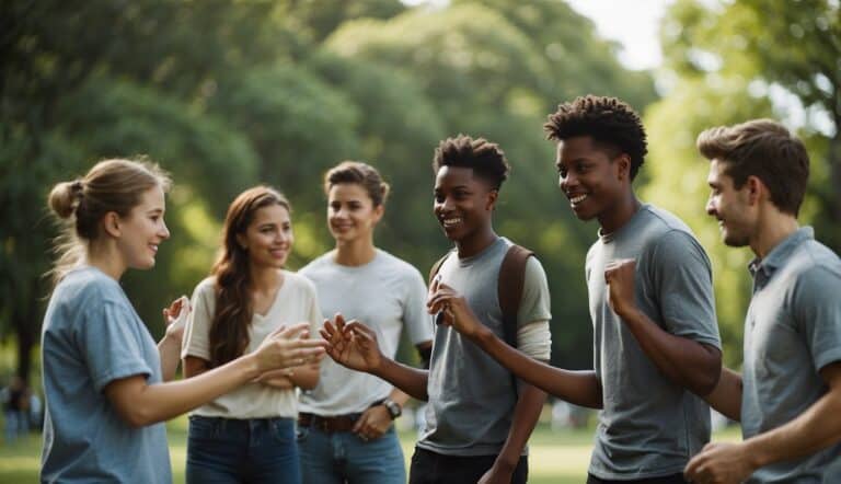 A group of young people engaged in team-building activities in a park. They are participating in trust exercises and communication games