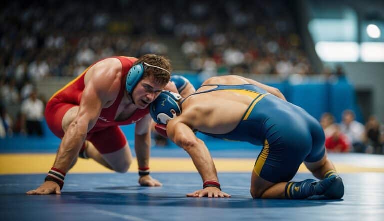 Athletes competing in a wrestling match at the Olympic Games