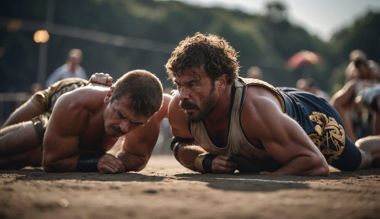 Two wrestlers locked in a fierce struggle, displaying mental strength and determination in the heat of battle