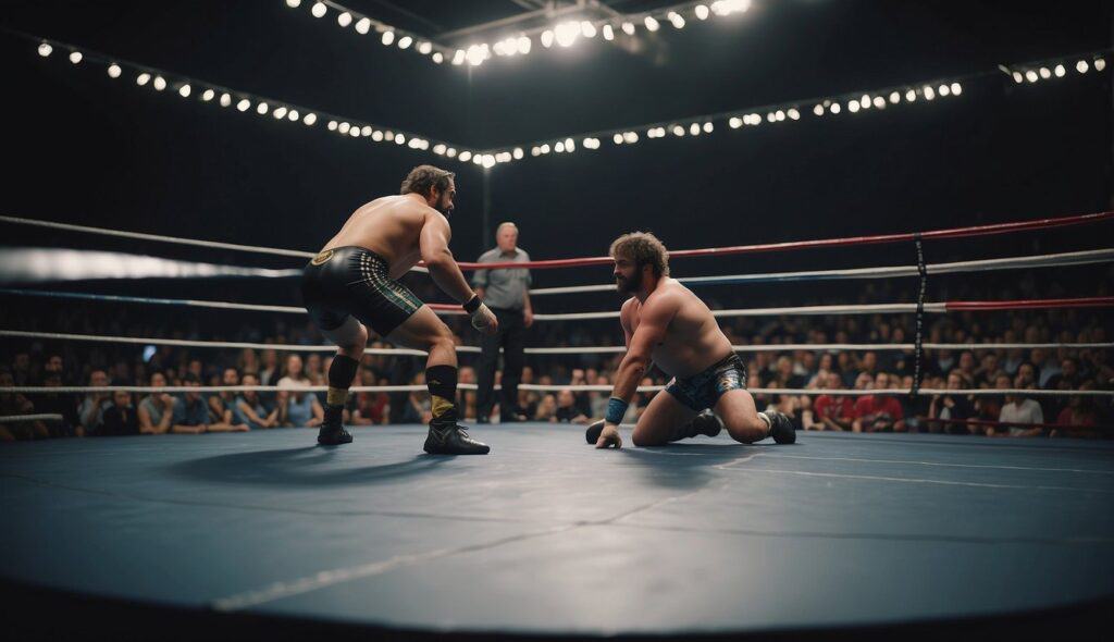 A wrestling ring with two beginner wrestlers practicing basic techniques