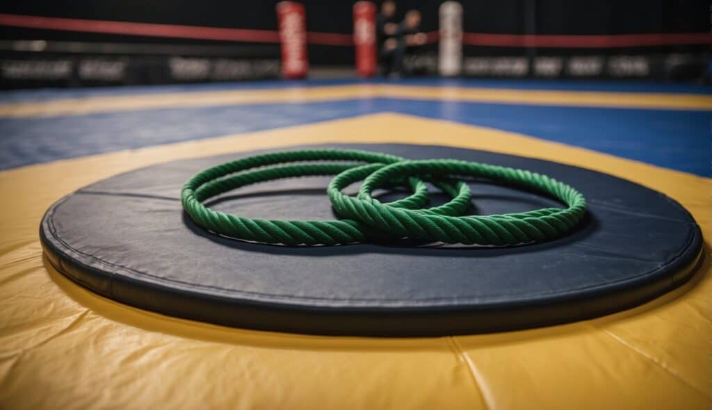 A ring set up for beginner wrestling exercises, with ropes and a padded floor