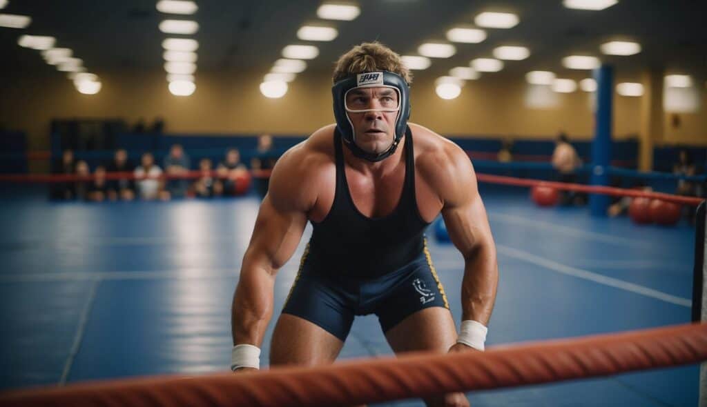 A beginner wrestler practicing basic techniques with a focus on safety measures in a training ring