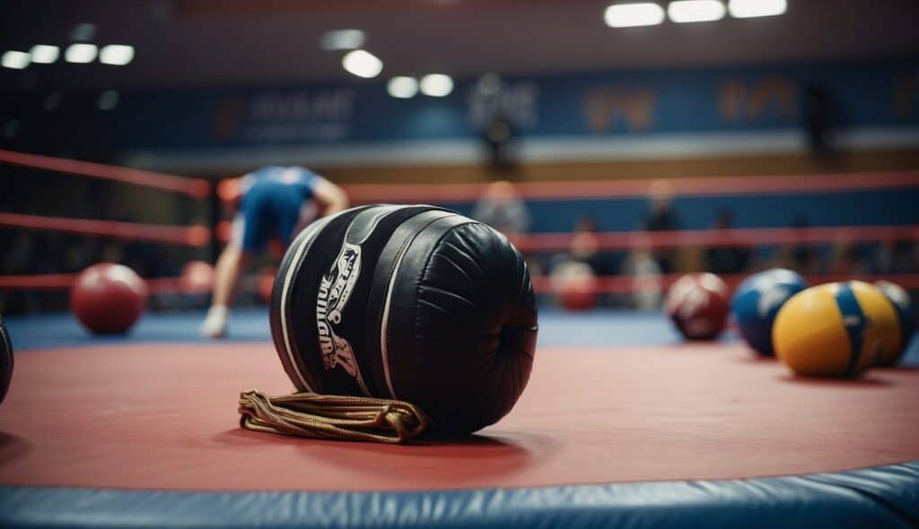 A wrestling mat with training equipment and schedules displayed