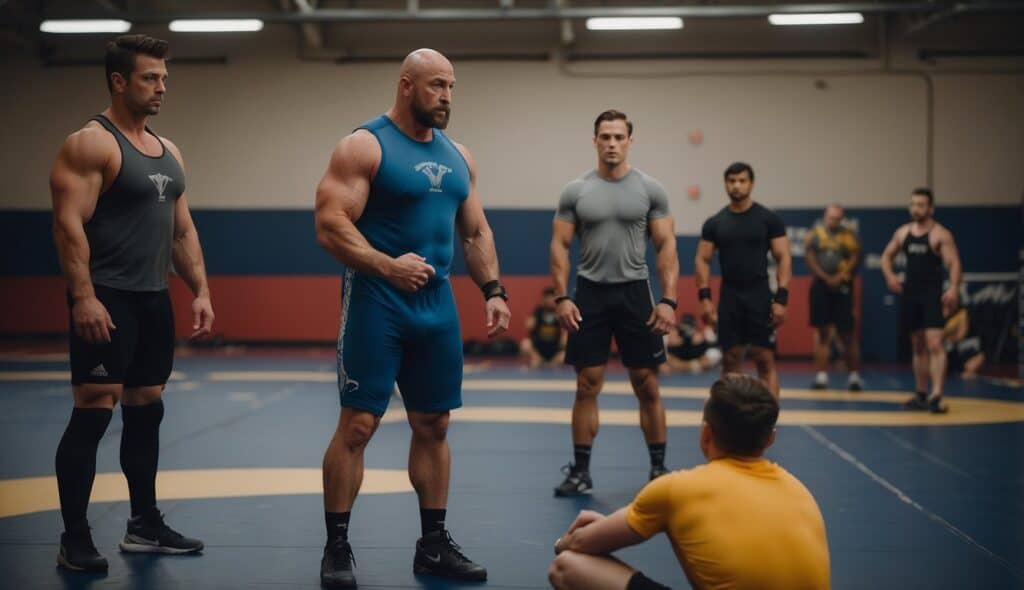 A wrestling coach instructs a group of athletes on specific training methods and workout plans in a gym setting