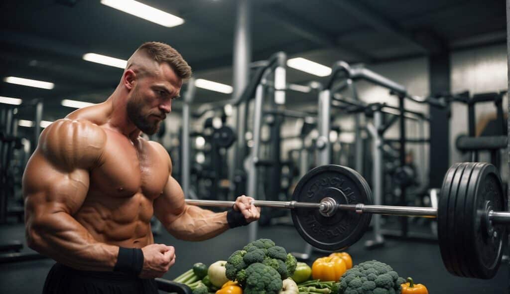 A wrestler lifting weights in a gym, surrounded by protein shakes, vegetables, and a meal plan on the wall