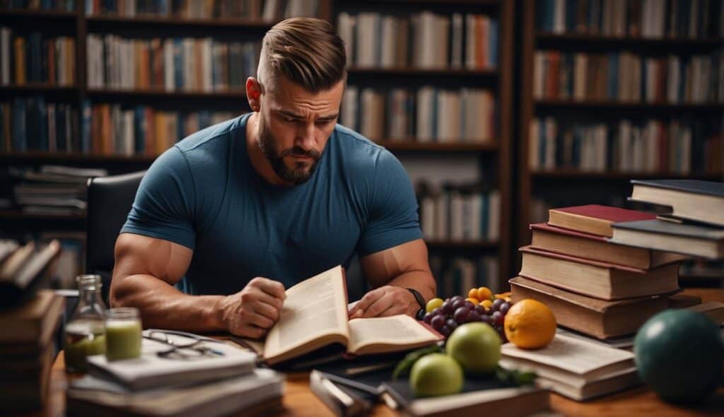 A wrestler studying psychology and lifestyle nutrition, surrounded by books, weights, and healthy food