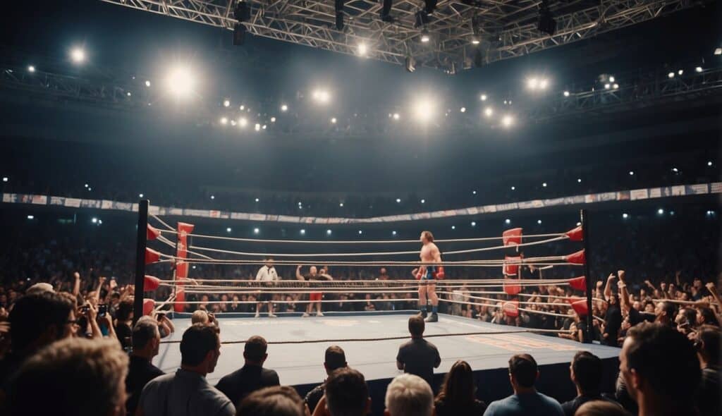 A wrestling ring surrounded by cheering spectators and banners displaying the names of important wrestling competitions