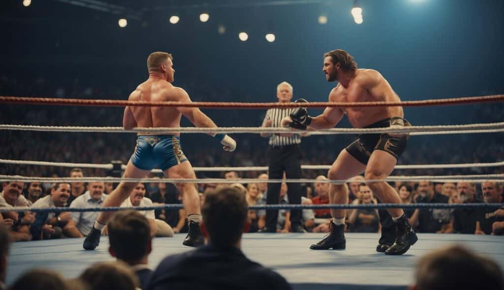 A wrestling match in a ring, with two competitors in action, surrounded by a crowd of spectators cheering and watching intently