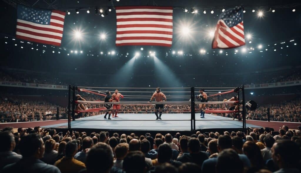 A wrestling arena with competitors in action, flags from different countries, and a large audience cheering in the stands