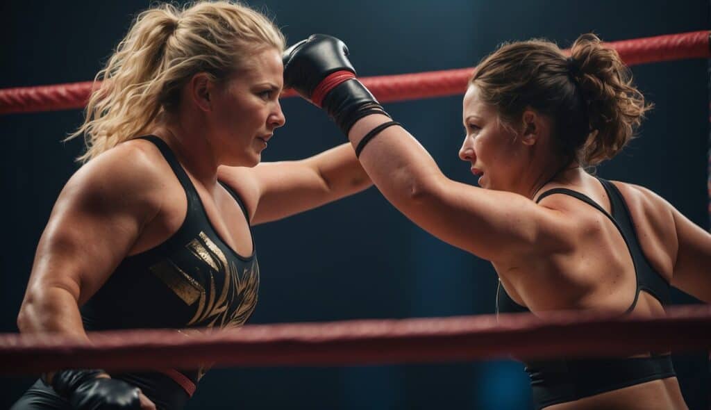 Two female wrestlers engage in a fierce match, displaying strength and determination in the ring