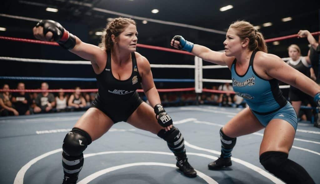 A group of women wrestlers in action, displaying strength and determination in the ring