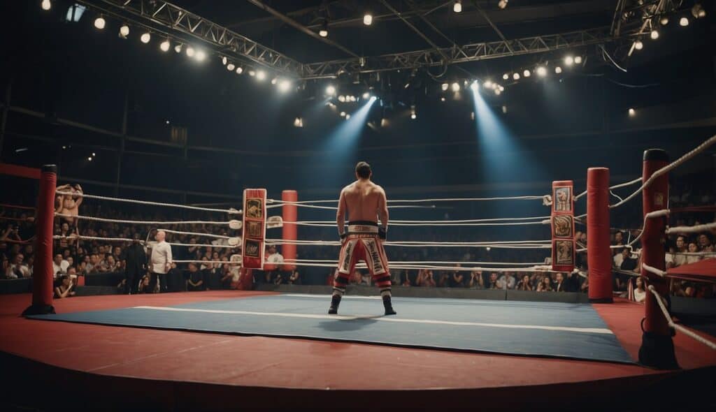 A wrestling ring with traditional attire and equipment displayed, showcasing the history and significance of wrestling