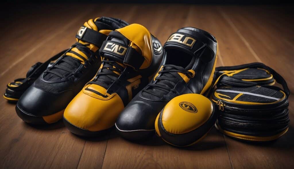 Wrestling gear and equipment laid out for training, including singlets, headgear, and wrestling shoes