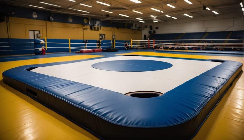 Wrestling mats with safety padding, clear signage on injury prevention, and coaches demonstrating proper techniques