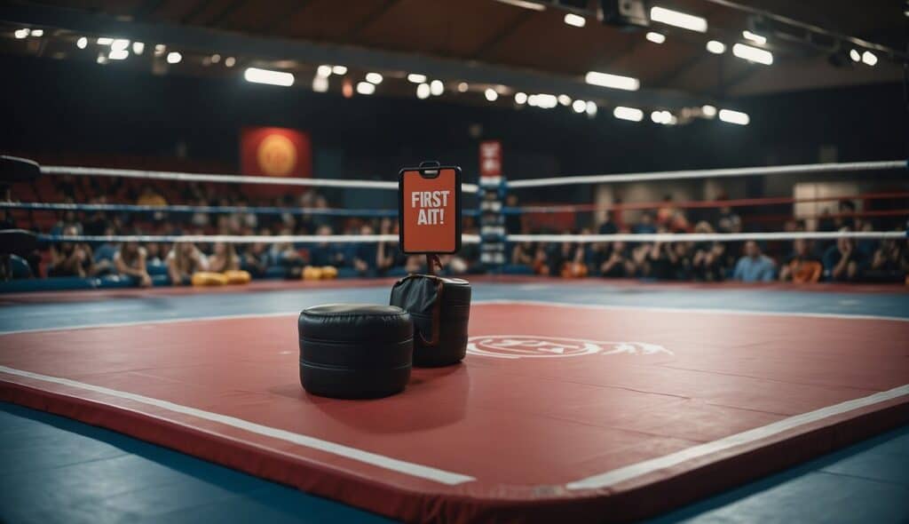 Wrestling mat with caution signs, first aid kit, and coach supervising