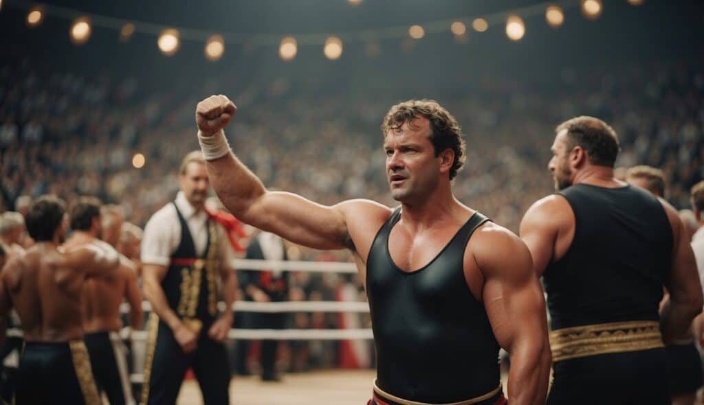 A group of wrestlers in historical German attire compete in a ring, surrounded by cheering spectators