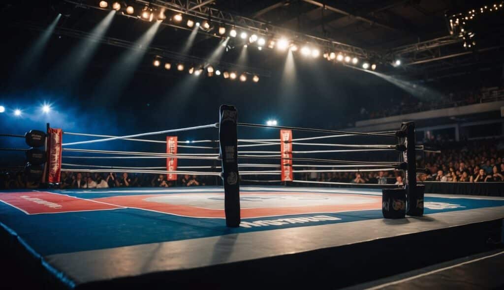 A wrestling ring with various weight class signs and logos of wrestling organizations displayed around the arena