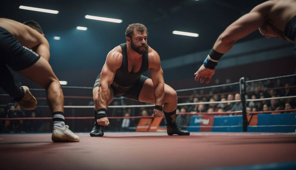 Wrestling training and preparation, demonstrating various techniques and holds