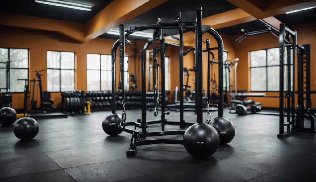 A ring suspended from a sturdy frame, with various gym equipment surrounding it, such as dumbbells, kettlebells, and resistance bands