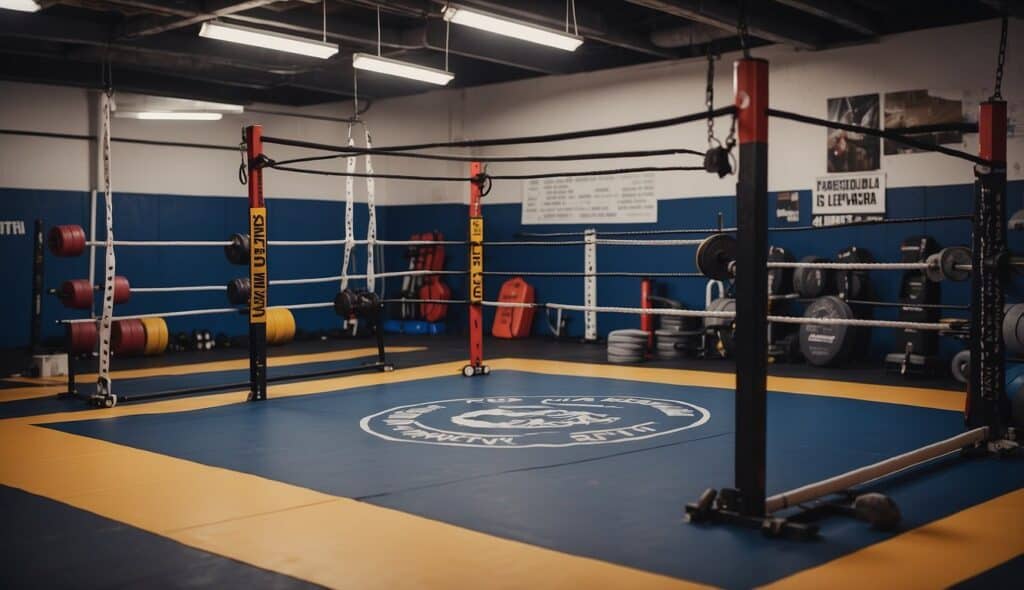 A wrestling ring surrounded by weightlifting equipment, with a training plan and exercises written on a whiteboard