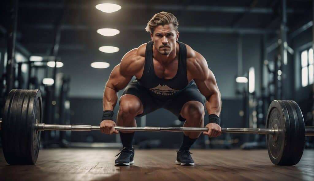 A wrestler lifting weights in a gym to improve athletic abilities