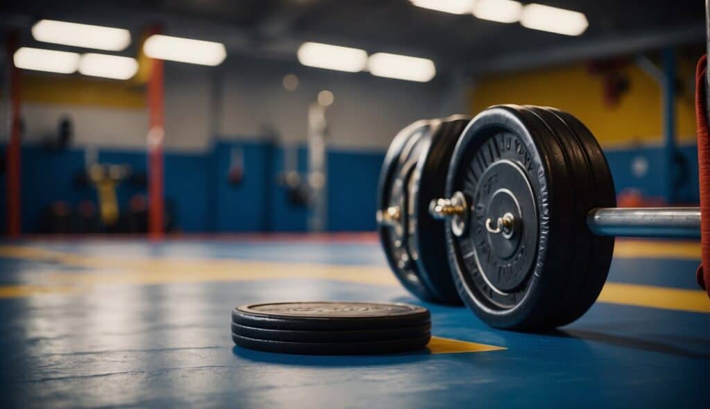 A wrestling ring surrounded by weightlifting equipment and training resources