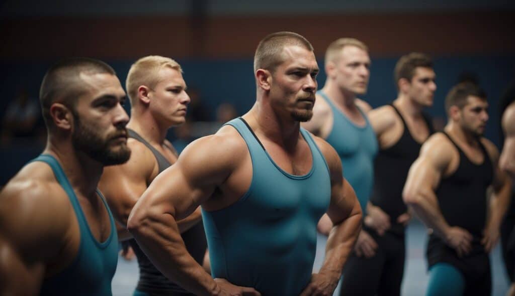 A group of young wrestlers practicing basic techniques in a training session