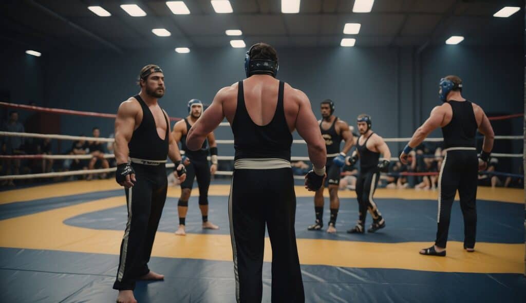 A group of young wrestlers engage in advanced training, demonstrating techniques and strength in a dedicated ring