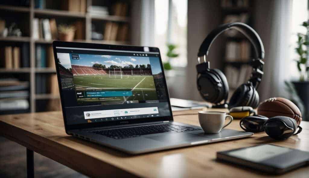 A home with a laptop and books, surrounded by sports equipment and a virtual training session on the screen