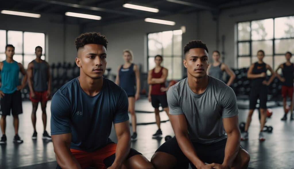 A group of young athletes train in a well-lit gym, focused and determined. Safety equipment is visible, and a coach oversees the session