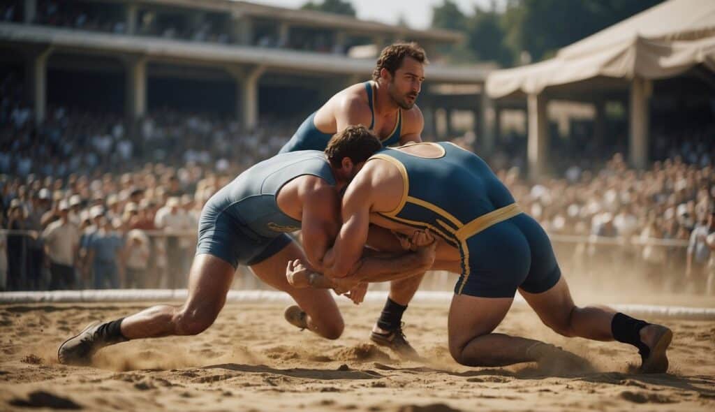 Wrestling match at ancient Olympics, athletes grappling in sandpit, surrounded by cheering spectators and judges