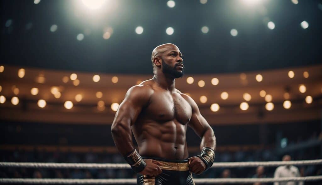 A wrestler stands tall, focused and determined, ready to face any challenge in the ring