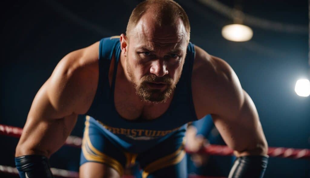 Advanced concepts and mental strength in wrestling. A wrestler displaying determination and focus during a challenging match