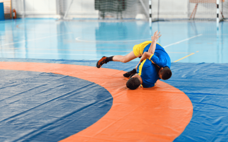 Two wrestlers competing in a wrestling ring at the Olympic Games